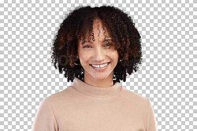 Buy stock photo Portrait, fashion and afro with a trendy woman isolated on a transparent background for style. Face, hair and clothes with an attractive young african female model in fashionable clothes on PNG