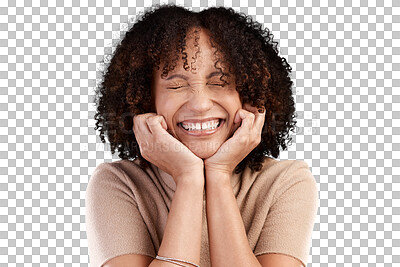 Buy stock photo Excited face, happiness and woman laugh at funny joke, comedy or crazy humour, silly and cheerful. Comic, facial expression and goofy person laughing at meme isolated on transparent, png background