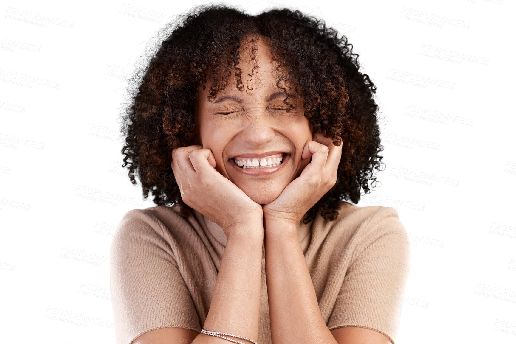 Buy stock photo Excited face, happiness and woman laugh at funny joke, comedy or crazy humour, silly and cheerful. Comic, facial expression and goofy person laughing at meme isolated on transparent, png background