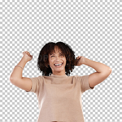 Buy stock photo Winning celebration, happiness or woman excited  for wow news, notification or winner announcement. Achievement victory, giveaway win or happy person celebrate isolated on transparent, png background