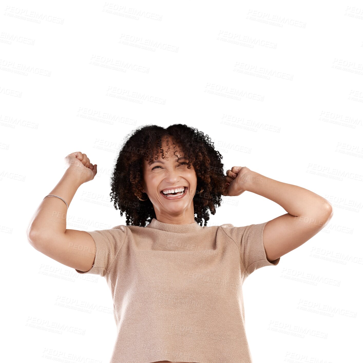 Buy stock photo Winning celebration, happiness or woman excited  for wow news, notification or winner announcement. Achievement victory, giveaway win or happy person celebrate isolated on transparent, png background