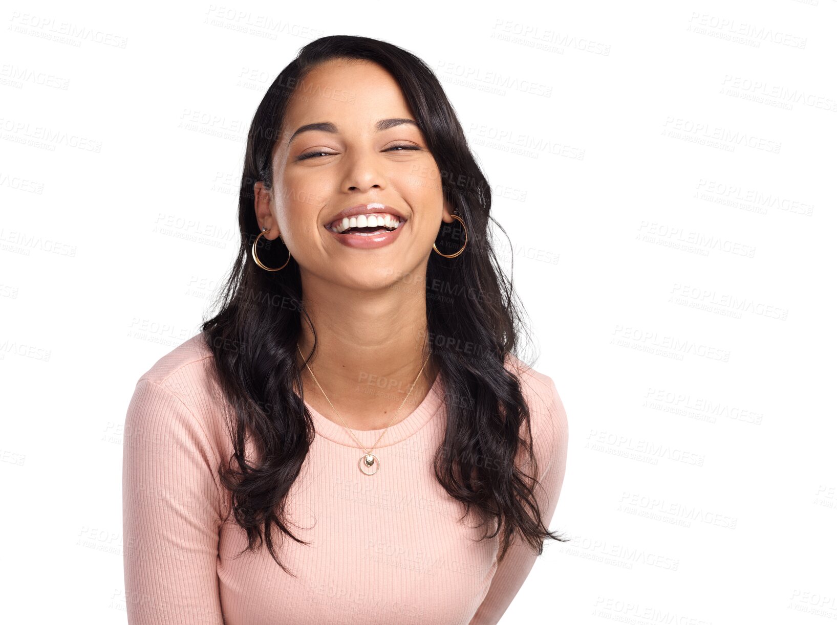 Buy stock photo Happy, smile and portrait of a woman laughing with humor for a comic, comedy or funny joke. Happiness, excited and young female model with a positive mindset isolated by a transparent png background.