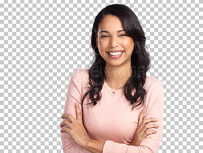 Buy stock photo Happy, crossed arms and portrait of a young woman laughing for a comic, comedy or funny joke. Happiness, smile and excited female model with a positive mindset isolated by transparent png background.