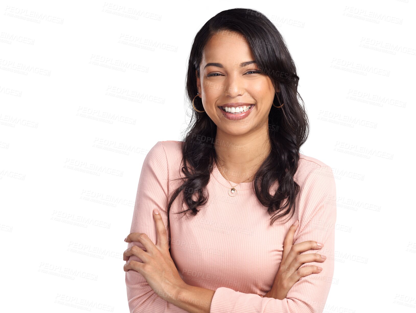 Buy stock photo Happy, crossed arms and portrait of a young woman laughing for a comic, comedy or funny joke. Happiness, smile and excited female model with a positive mindset isolated by transparent png background.