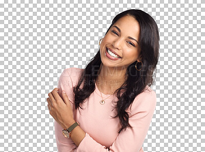 Buy stock photo Confidence, smile and portrait of a happy woman laughing with humor for a comic, comedy or funny joke. Happiness, excited and female model with positive mindset isolated by transparent png background