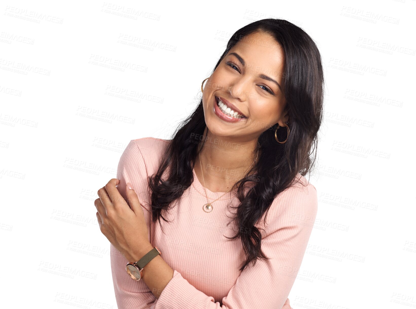 Buy stock photo Confidence, smile and portrait of a happy woman laughing with humor for a comic, comedy or funny joke. Happiness, excited and female model with positive mindset isolated by transparent png background