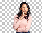 PNG of a beautiful young woman looking thoughtful while standing against a grey background