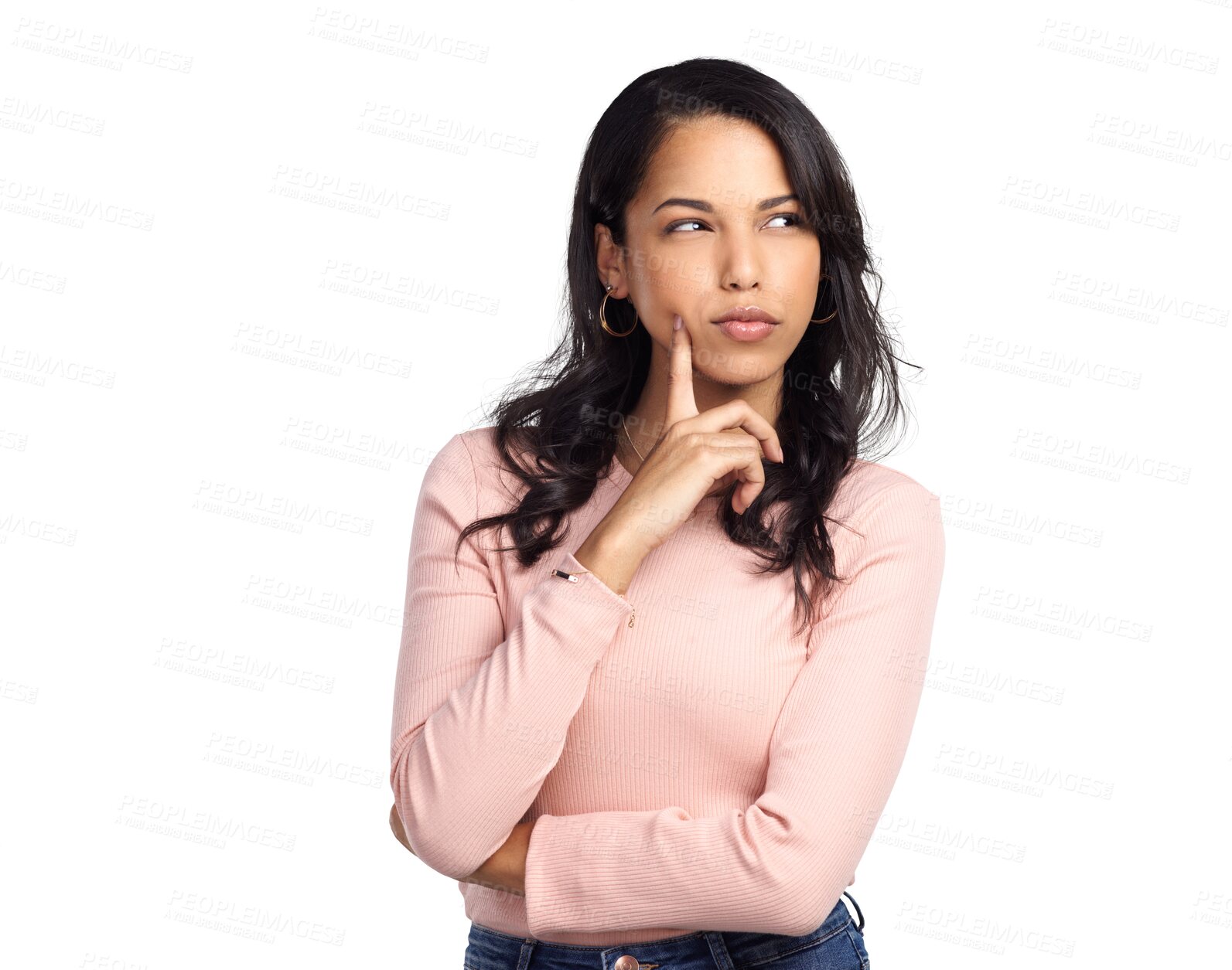 Buy stock photo Isolated young woman, thinking and remember with ideas, vision and focus by transparent png background. Girl, model or student with mindset, memory or wonder in fashion for decision, choice or dream