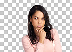 PNG of a beautiful young woman looking thoughtful while standing against a grey background