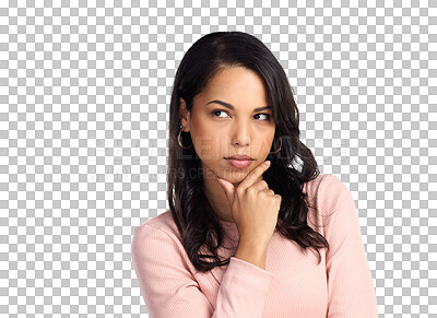 Buy stock photo Serious, thinking and woman with ideas, mindset and girl isolated against a transparent background. Female person, opportunity or model with solution, confused or problem solving with question or png