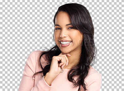 Buy stock photo Portrait, fashion and smile with a trendy woman isolated on a transparent background for fashionable style. Happy, clothes and confidence with an attractive female person in a stylish outfit on PNG