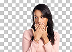 PNG of a beautiful young woman looking surprised while standing against a grey background