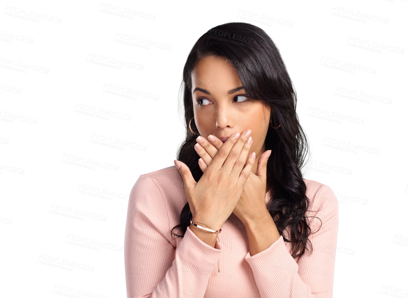 Buy stock photo Gossip, wow and surprise with a mind blown woman isolated on a transparent background in shock. News, announcement or reaction to a secret with a young female looking surprised at information on PNG