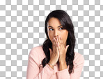 png of a beautiful young woman looking surprised while standing against a grey background