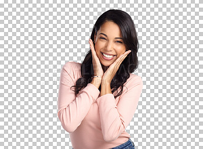 Buy stock photo Smile, excited and face portrait of a happy woman with good news, surprise or sale. Female latino model person isolated on a transparent, png background as a winner with hands on cheek and motivation