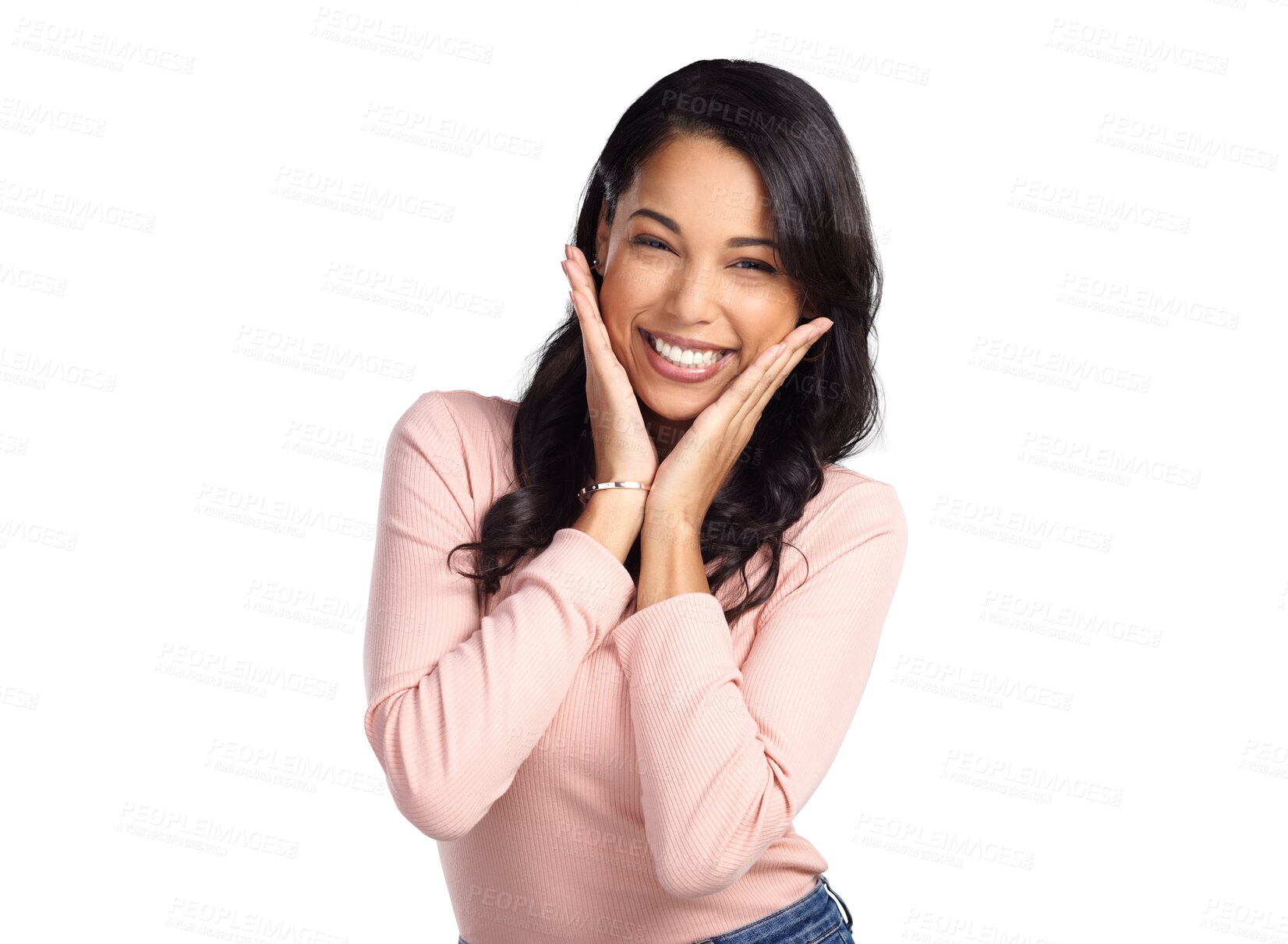 Buy stock photo Smile, excited and face portrait of a happy woman with good news, surprise or sale. Female latino model person isolated on a transparent, png background as a winner with hands on cheek and motivation