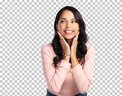 Buy stock photo Isolated young woman, happy and thinking for ideas, memory or mindset by transparent png background. Girl, model or student with vision, remember and smile for beauty, choice or decision with fashion