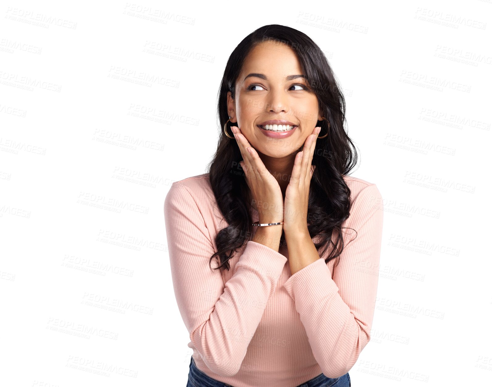 Buy stock photo Isolated young woman, happy and thinking for ideas, memory or mindset by transparent png background. Girl, model or student with vision, remember and smile for beauty, choice or decision with fashion