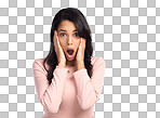 PNG of a beautiful young woman looking shocked while standing against a grey background