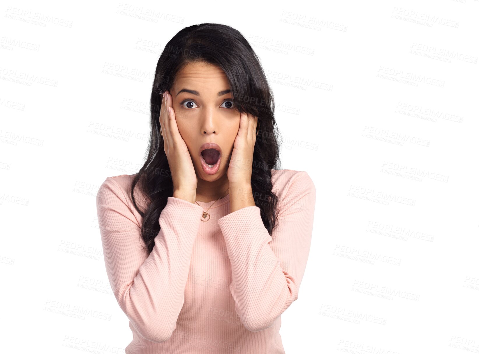 Buy stock photo Portrait, wow and no way with a mind blown woman isolated on a transparent background in shock. News, surprise or reaction to gossip with a young female looking shocked at an announcement on PNG