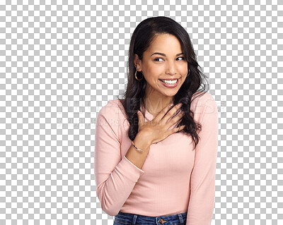 Buy stock photo Surprise, excited and a happy woman smile for compliment, good news or sale. Female latino model person isolated on a transparent, png background as a winner with hands on heart for motivation