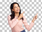 PNG of a beautiful young woman pointing at copy space