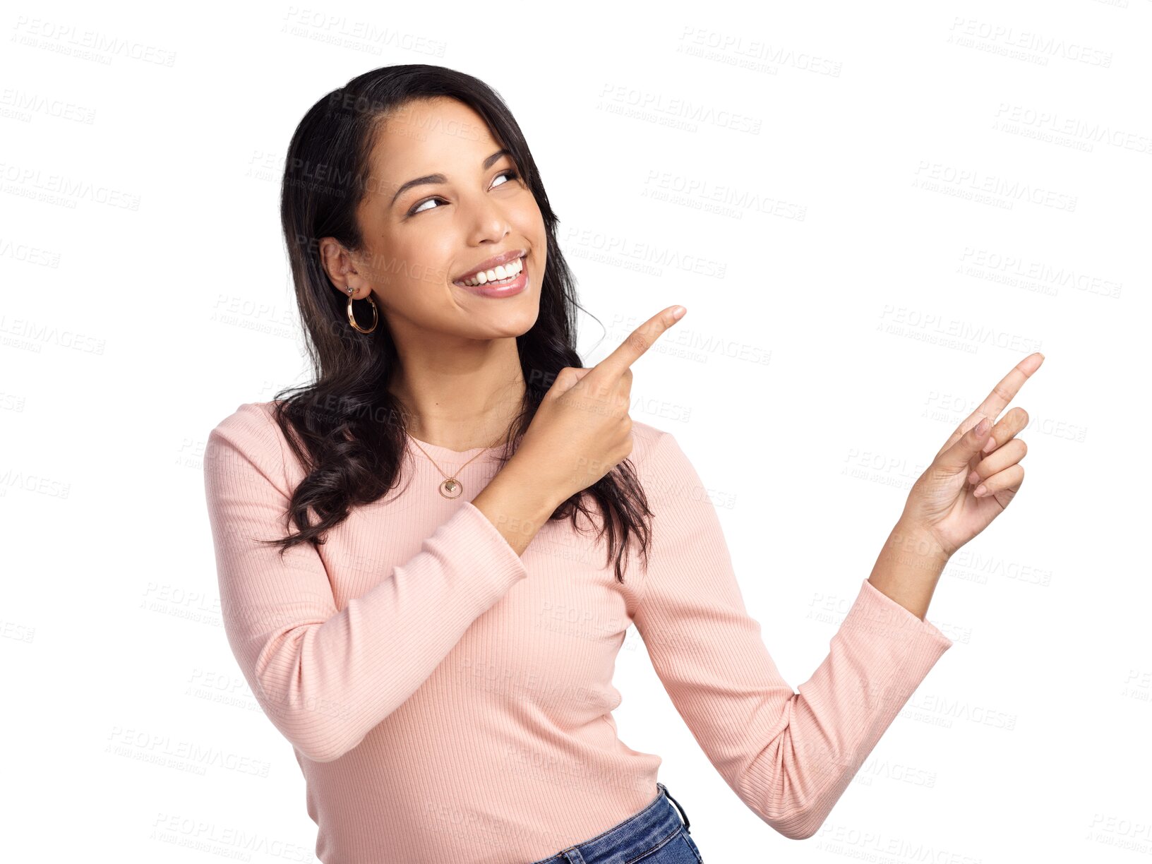 Buy stock photo Smile, excited and a happy woman pointing finger for advertising promotion, announcement or sale. Female latino model person isolated on a transparent, png background with hands for presentation