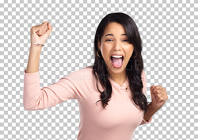 Buy stock photo Isolated young woman, fist celebration and portrait with win, happy or excited face by transparent png background. Girl, model or student with hands in air for goal, success or achievement with prize