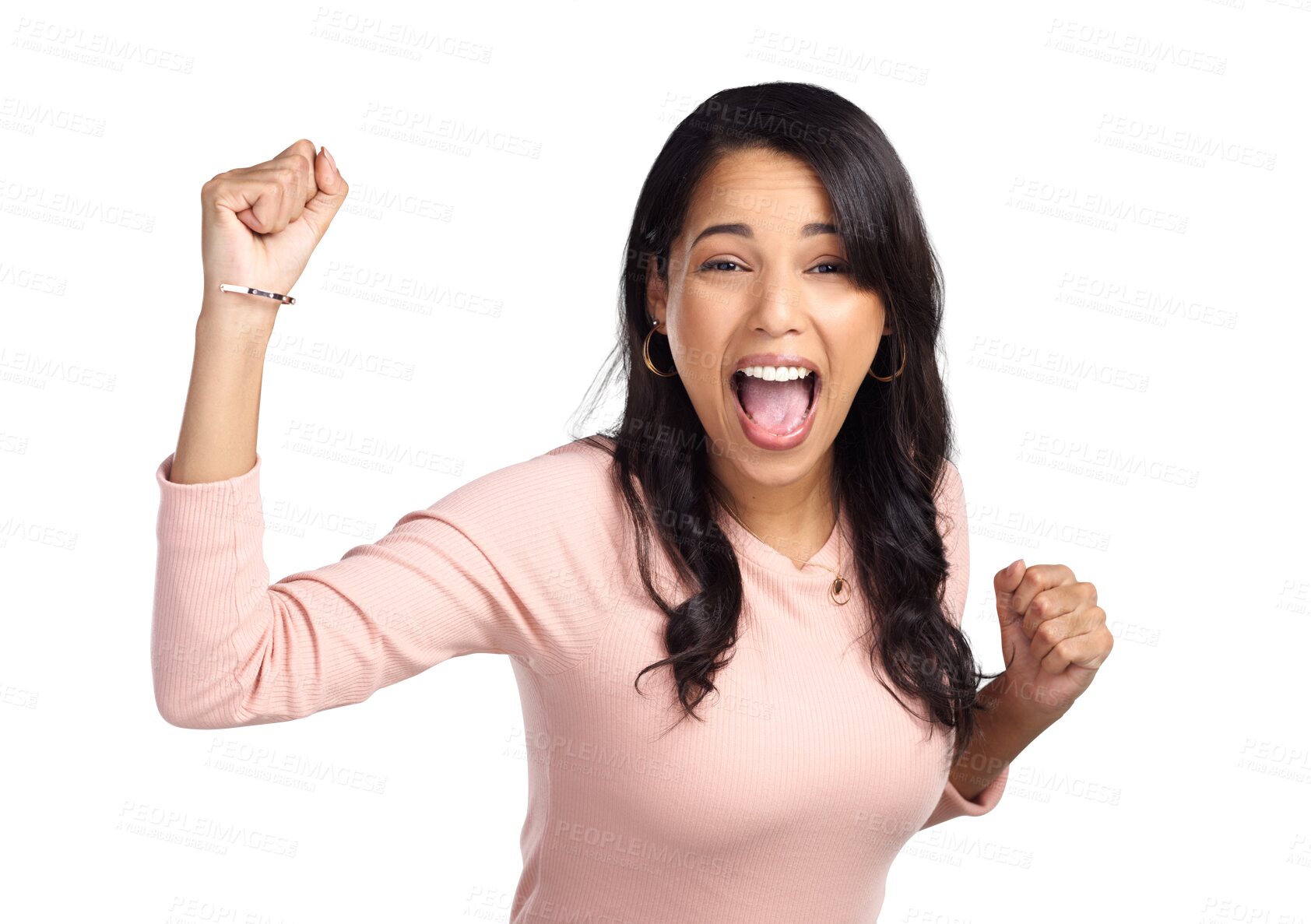 Buy stock photo Isolated young woman, fist celebration and portrait with win, happy or excited face by transparent png background. Girl, model or student with hands in air for goal, success or achievement with prize