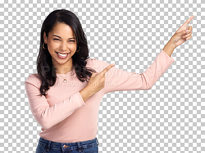 Buy stock photo Smile, portrait and a happy woman pointing finger for advertising promotion, announcement or sale. Female latino model person isolated on a transparent, png background with hands for presentation