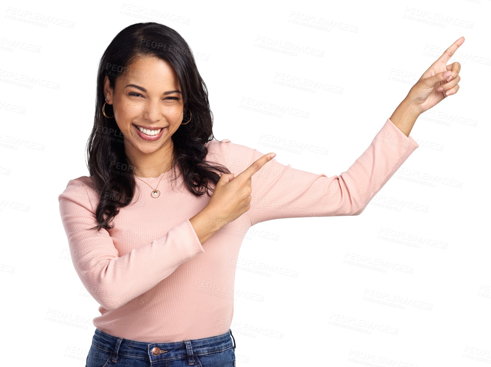 Buy stock photo Smile, portrait and a happy woman pointing finger for advertising promotion, announcement or sale. Female latino model person isolated on a transparent, png background with hands for presentation