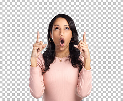 Buy stock photo Pointing, wow and information with a mind blown woman isolated on a transparent background in shock. News, announcement or reaction to gossip with a young female looking surprised or amazed on PNG