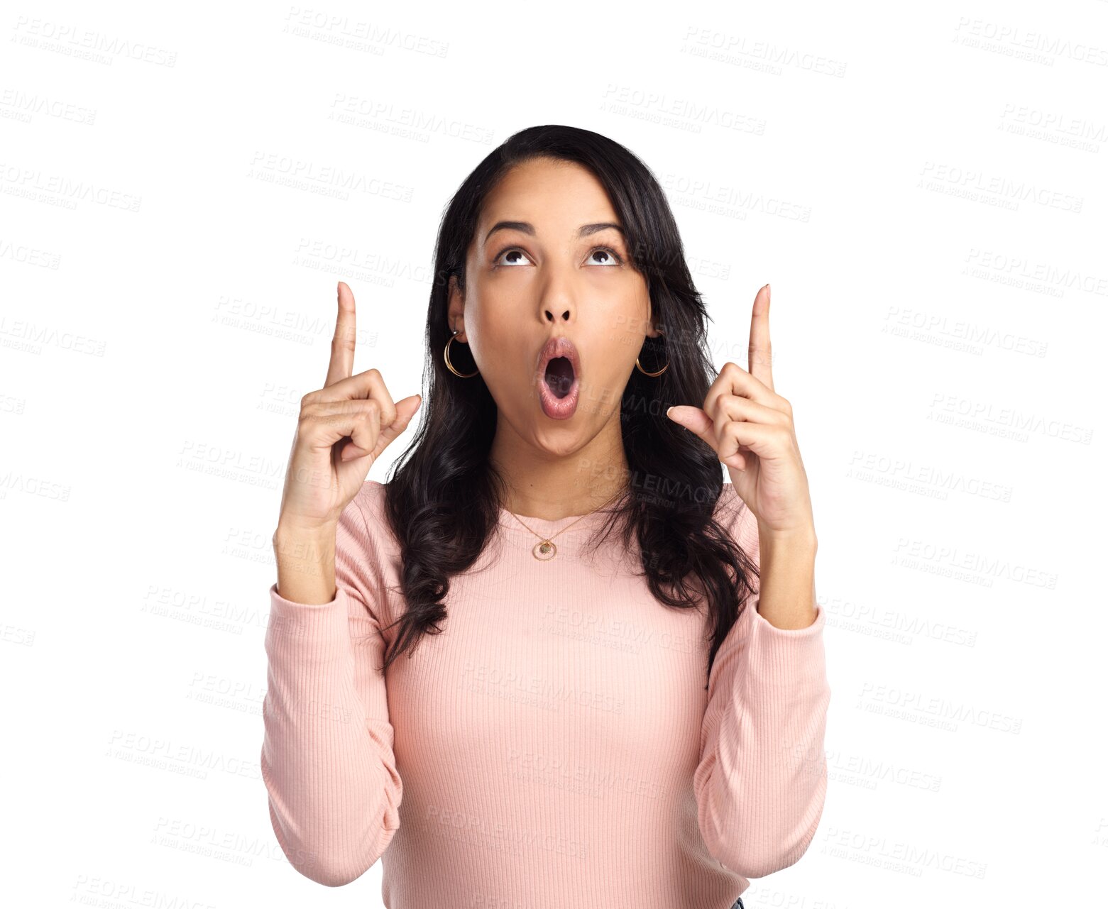 Buy stock photo Pointing, wow and information with a mind blown woman isolated on a transparent background in shock. News, announcement or reaction to gossip with a young female looking surprised or amazed on PNG