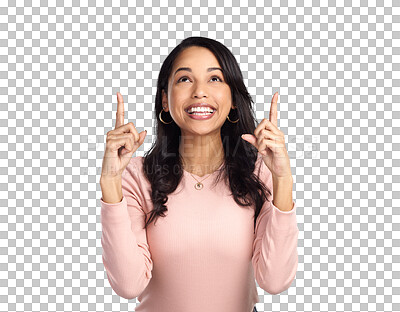 Buy stock photo Smile, pointing to information and an excited woman isolated on transparent background for an announcement. Marketing, news or sale with an attractive young female person showing a brand logo on PNG