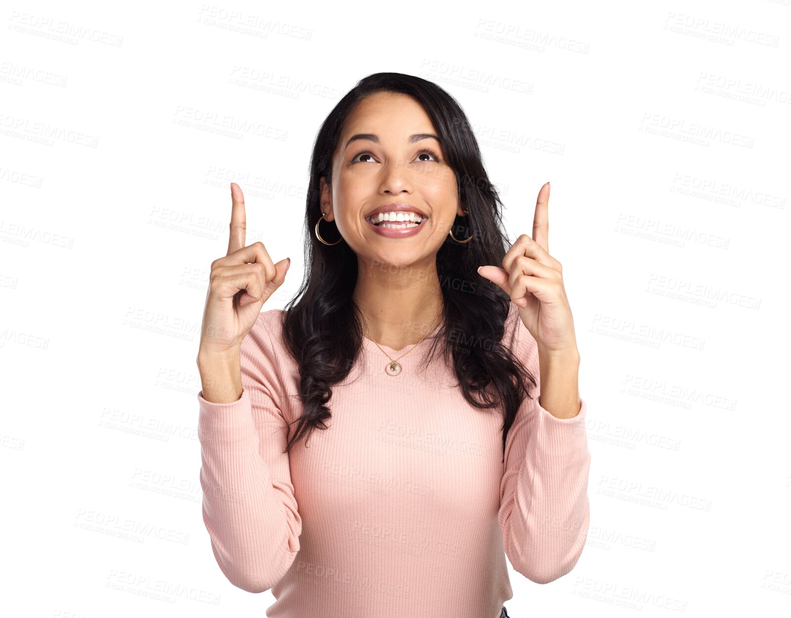 Buy stock photo Smile, pointing to information and an excited woman isolated on transparent background for an announcement. Marketing, news or sale with an attractive young female person showing a brand logo on PNG