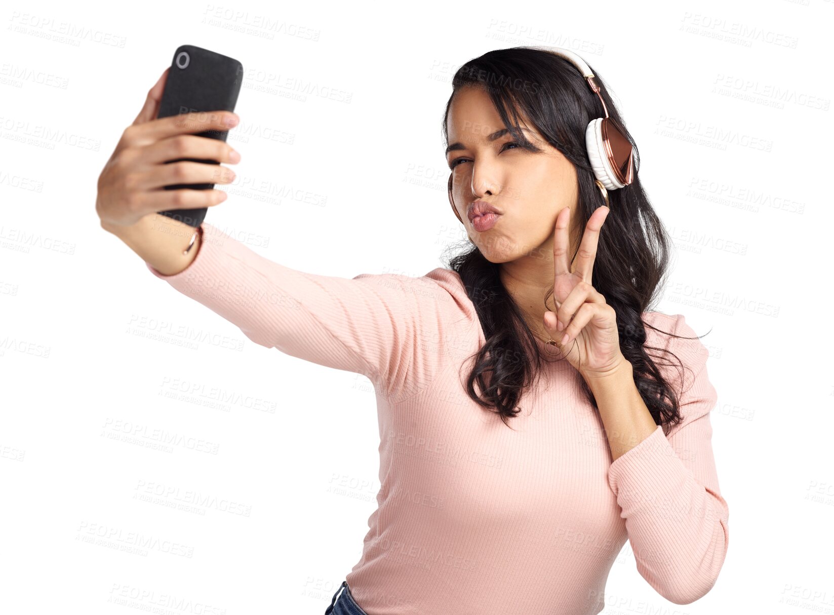 Buy stock photo Isolated woman, selfie and headphones with peace sign, pout and blog post by transparent png background. Influencer girl, model or student with emoji, vote or icon for memory on social network app