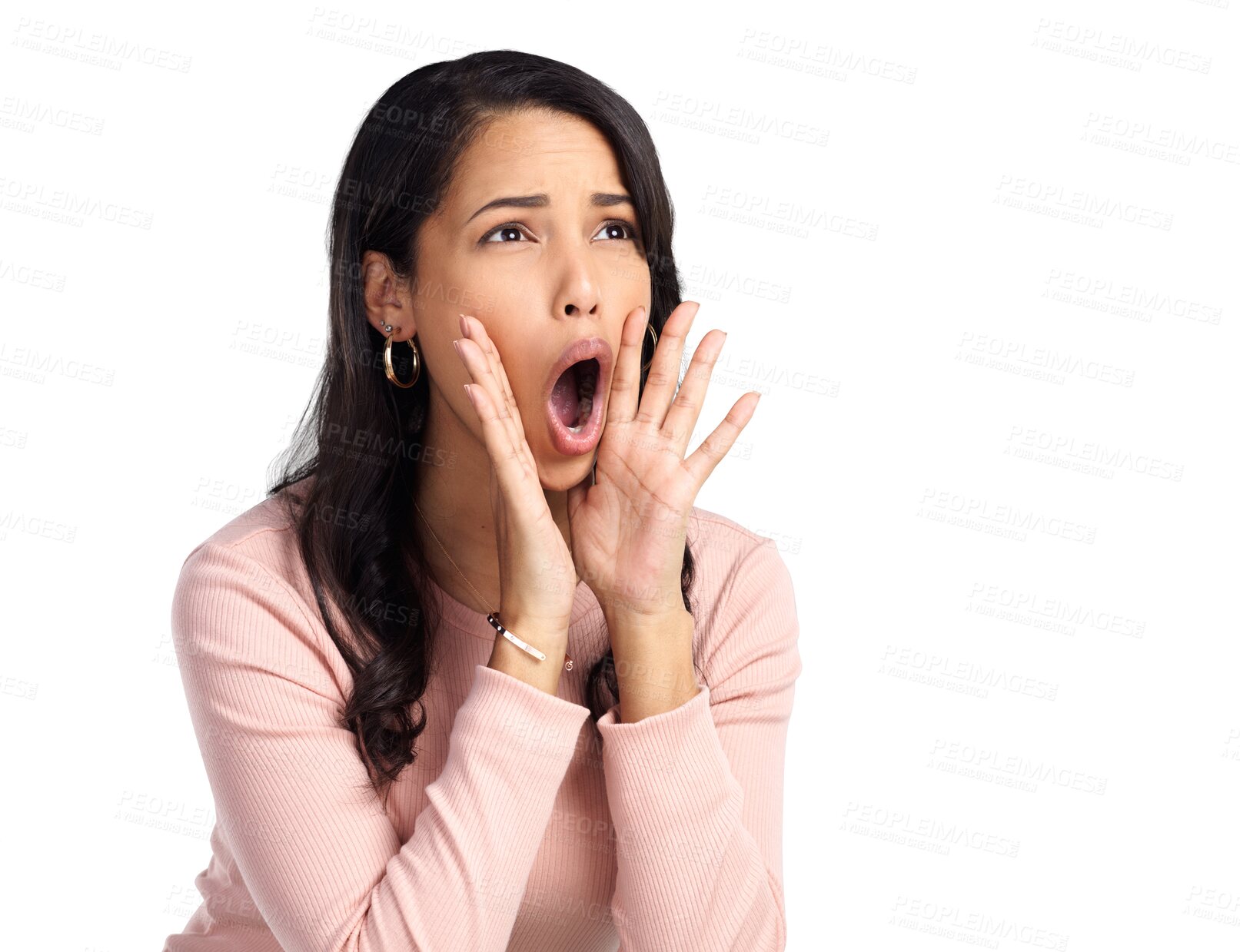 Buy stock photo Woman, loud announcement and shouting isolated on a transparent png background. Screaming, hand and female person with news, communication or yelling for attention, opinion or alert danger with voice