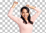 PNG of a beautiful young woman wearing headphones while standing against a grey background