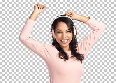 Buy stock photo Isolated young woman, headphones or dancing in portrait with smile, moving or music by transparent png background. Dancer girl, model or student with hands in air, dance or excited face for streaming