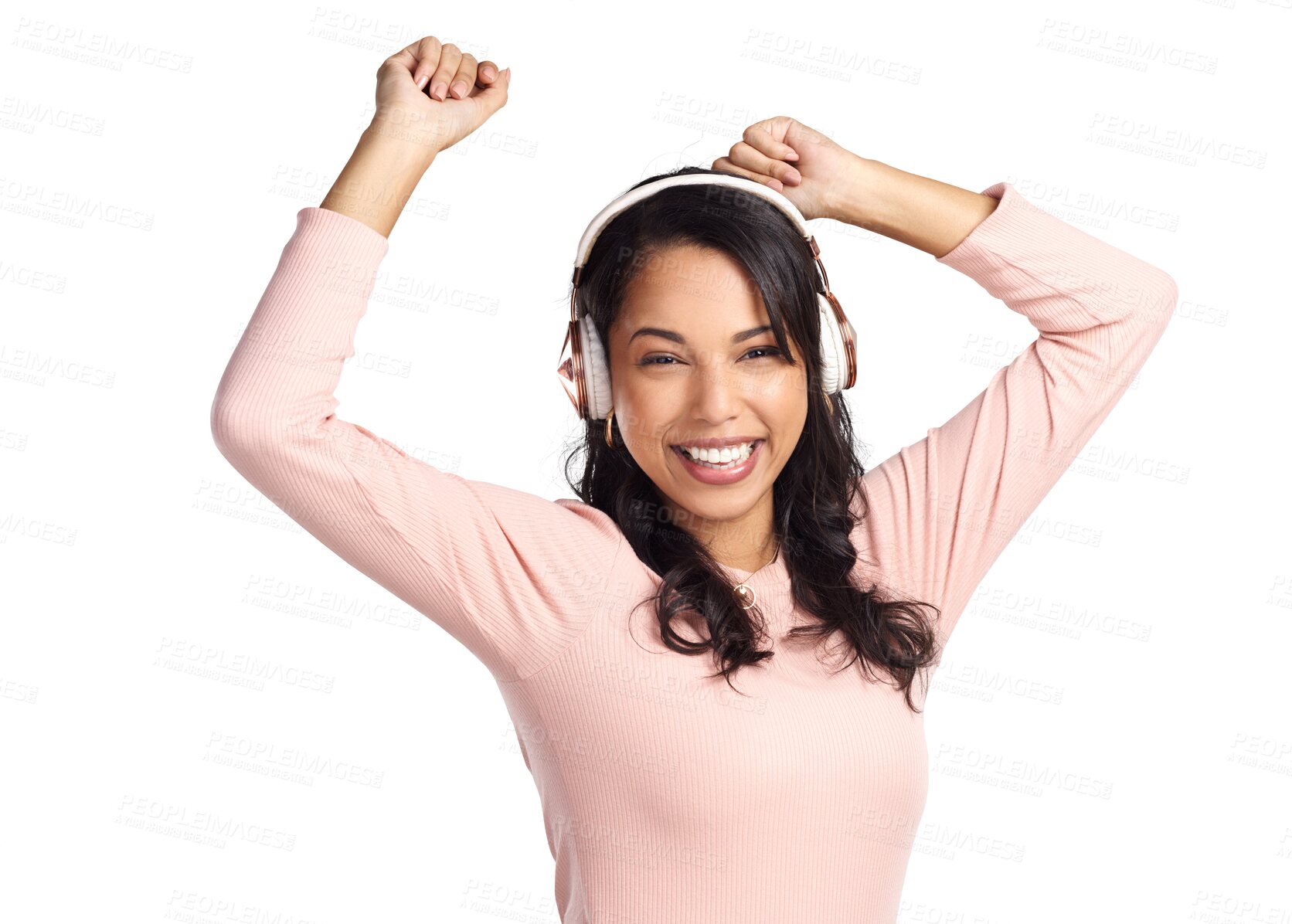 Buy stock photo Isolated young woman, headphones or dancing in portrait with smile, moving or music by transparent png background. Dancer girl, model or student with hands in air, dance or excited face for streaming