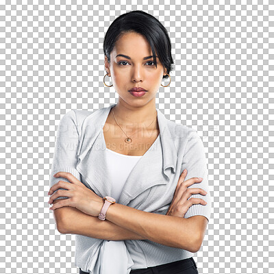 Buy stock photo Serious, arms crossed and portrait of business woman, agent or corporate advisor with pride, confident and determined. Job commitment, trust and formal person isolated on transparent, png background