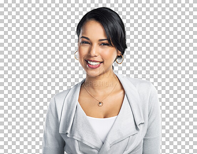 Buy stock photo Portrait, fashion and corporate with a business woman isolated on a transparent background for work. Happy, smile and a professional female employee on PNG for management or empowerment on PNG