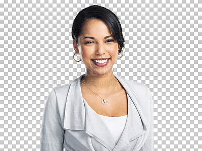 Buy stock photo Portrait, corporate with a female business person isolated on a transparent background for work. Fashion, smile and a happy professional woman employee on PNG for management or empowerment on PNG