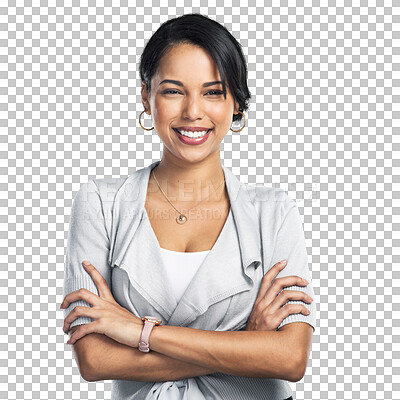 Buy stock photo Portrait, smile and arms crossed with a business woman isolated on a transparent background for work. Fashion, happy and a professional female employee on PNG for management or empowerment on PNG