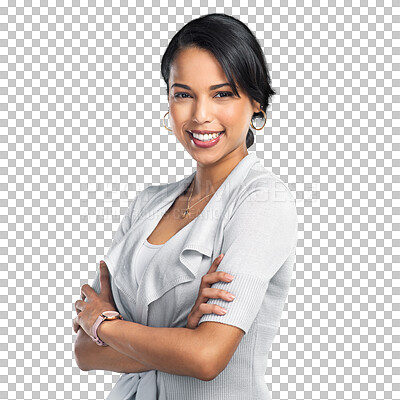 Buy stock photo Portrait, professional and arms crossed with a business woman isolated on a transparent background for work. Fashion, smile and a corporate female employee on PNG for management or empowerment on PNG