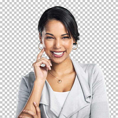 Buy stock photo Portrait, smile and corporate with a business woman isolated on a transparent background for work. Happy, fashion and a professional female employee on PNG for management or empowerment on PNG