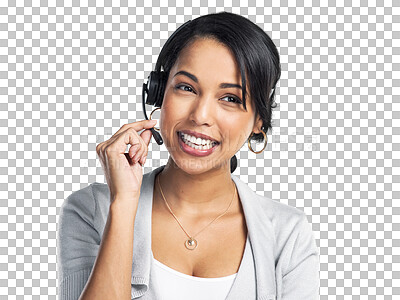 Buy stock photo Woman, phone call and conversation, callcenter and contact us with CRM isolated on transparent png background. Headset with mic, female agent and communication with customer service and help desk