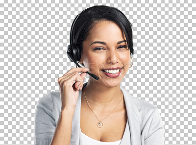 Buy stock photo Customer support, face portrait and happy woman, consultant or smile for CRM ecommerce consultation. Profile picture, call center headset and corporate person isolated on transparent, png background