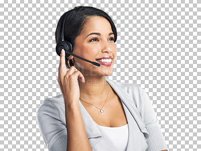 Buy stock photo Customer service headset, face and happy woman, consultant and smile for ecommerce consultation. Tech support consulting, callcenter advice or listening person isolated on transparent, png background