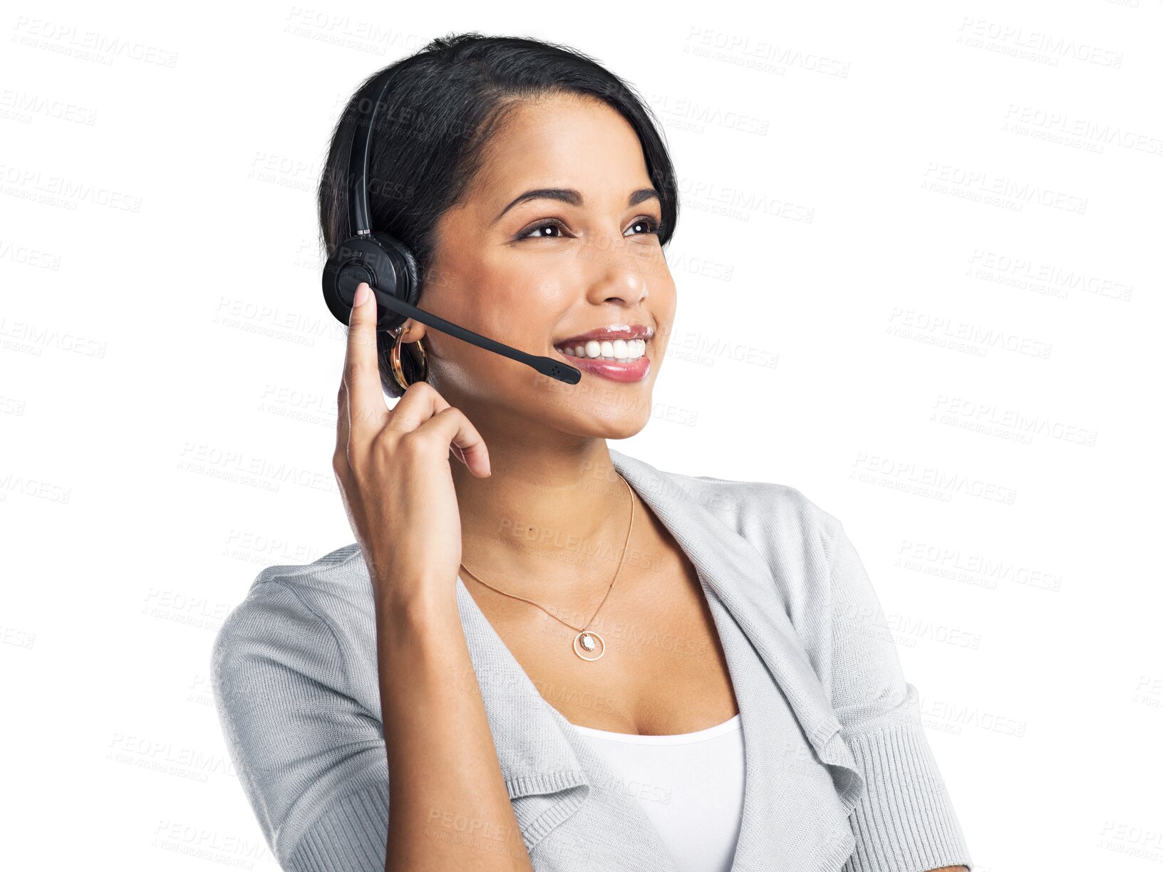 Buy stock photo Customer service headset, face and happy woman, consultant and smile for ecommerce consultation. Tech support consulting, callcenter advice or listening person isolated on transparent, png background